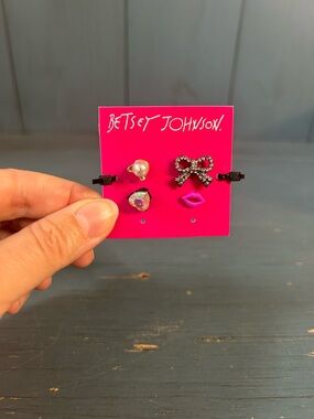 Betsey Johnson Kids Pink Lip, Bow, Pearl & Iridescent Gem Earring Set